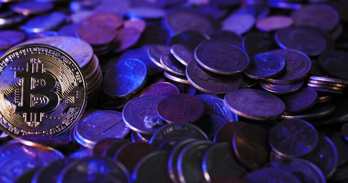 Bitcoin Cryptocurrency Concept, red and blue police lights flashing over coins, blockchain slider right to left