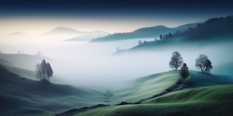Fototapeta na wymiar Very early foggy morning in the hilly countryside. AI Generation 