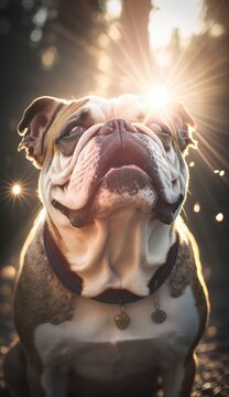 english bulldog portrait with sun flare in the background, filtered image. Generative AI