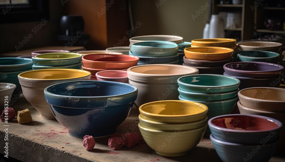 Poster a vibrant collection of earthenware pottery in a workshop display generated by ai