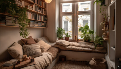 Modern luxury bedroom with comfortable bed, elegant decor, and nature inspired accents generated by AI