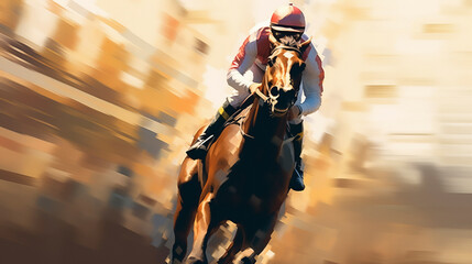 Fototapeta na wymiar Horse racing, fast thoroughbred horse in full gallop with a horse jockey. Betting on race horse winner, equestrian illustration with copy space.