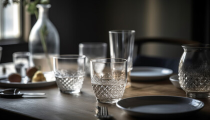 Crystal wineglass reflects elegance in modern kitchen still life generated by AI