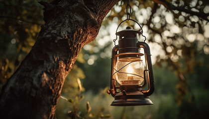 An old fashioned lantern illuminates the rustic metal handle in winter generated by AI - obrazy, fototapety, plakaty