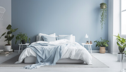 Fototapeta na wymiar Comfortable elegance in a modern bedroom with blue bedding decor generated by AI