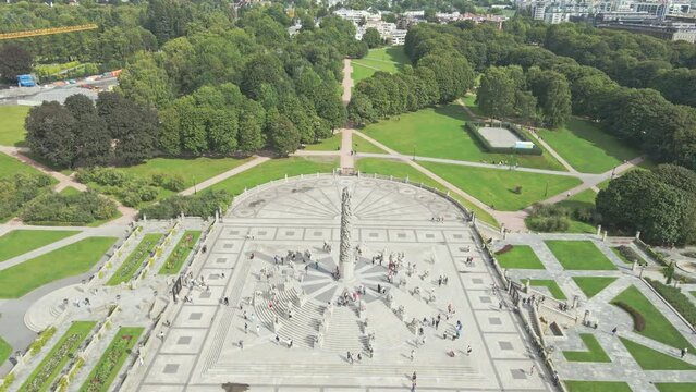 Flying over the giant Monolith Plateau in Frogner Park in Oslo Norway