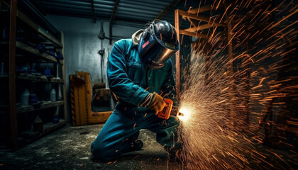 Skilled metal worker welds steel with protective equipment indoors generated by AI - obrazy, fototapety, plakaty