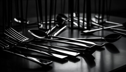 Shiny silverware in a row, empty kitchen, modern equipment generated by AI
