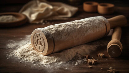 Fototapeta na wymiar Freshly baked organic bread on rustic cutting board, homemade goodness generated by AI