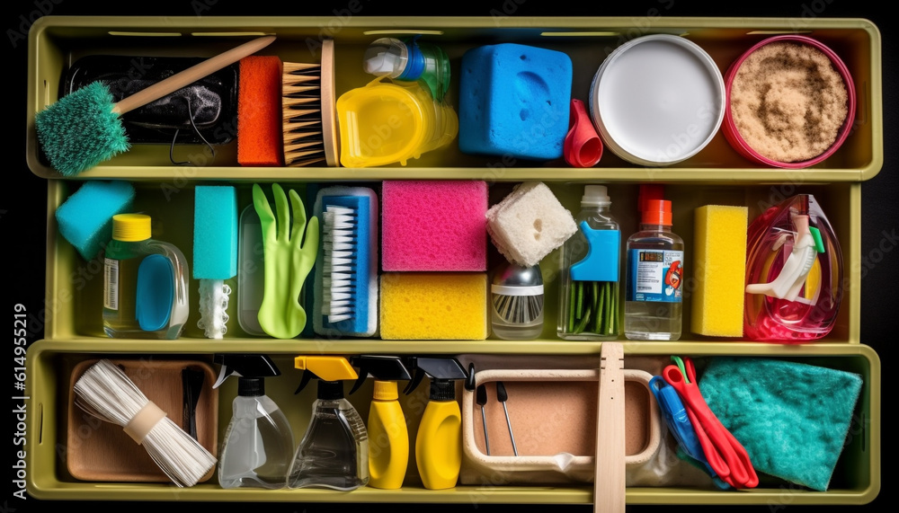 Poster a multi colored collection of work tools in plastic containers generated by ai