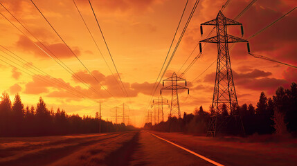 Electrifying Sunset: High-Voltage Power Lines Illuminated