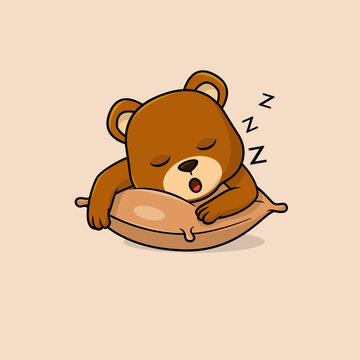 Cute baby bear cartoon sleeping on pillow flat vector icon illustration. 