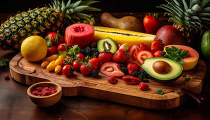 Fototapeta na wymiar A gourmet salad with fresh fruits and vegetables on wood generated by AI