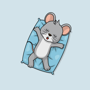 Cute baby mouse cartoon sleeping on pillow flat vector icon illustration. 