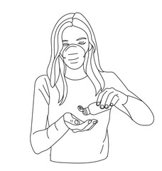 woman wearing mask holding hand sanitizer 