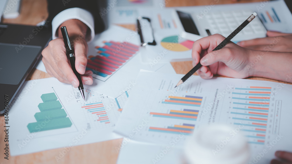 Poster statistical analyst reading graph report and business statistics charts ,Analysis and improvement of corporate strategy ,manage financial and marketing documents , Statistics and Data Concepts