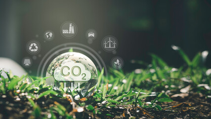 Crystal ball placed on green grass and with icons related to reducing carbon emissions. carbon...