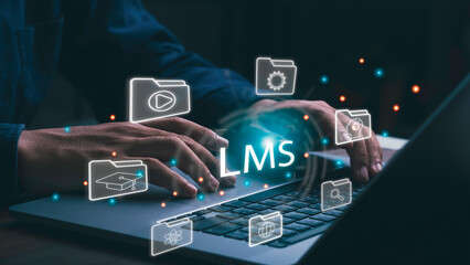 Word LMS with Learning Management System related icons. Learning management system concept for lessons and education online, course, application, education, learning, knowledge anywhere and anytime.