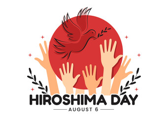 Hiroshima Day Vector Illustration on 6 August with Peace Dove Bird and Nuclear Explosion Background in Flat Cartoon Hand Drawn Templates