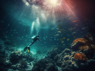 Fototapeta na wymiar Beneath the Waves: Mesmerizing Underwater Snorkeling with Men Divers