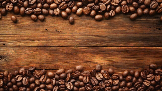 Roasted coffee beans artfully arranged on rustic wooden plank, view from top