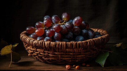 Fresh Grape fruits on bamboo basket with blurred background