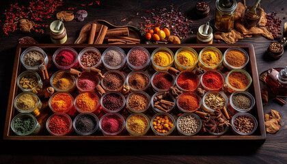 A multi colored spice collection paprika, turmeric, anise, clove, cumin generated by AI