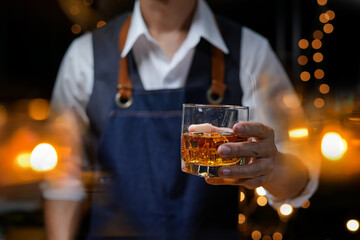 Bartender Serve Whiskey, on wood bar, 