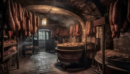 Fotobehang Old fashioned delicatessen stores smoked meat in rustic cellar workshop generated by AI © Stockgiu