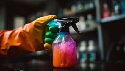 One person spraying cleaning product with protective glove in kitchen generated by AI