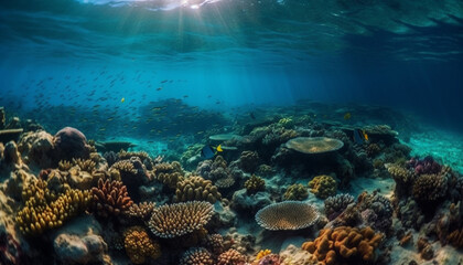 Naklejka na ściany i meble Deep below, a tranquil seascape of multi colored sea life generated by AI