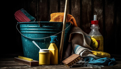 Rustic still life Cleaning equipment, wet towel, and plastic container generated by AI