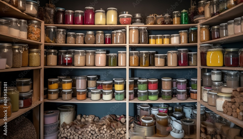 Poster in the store, a large collection of jars in a row generated by ai