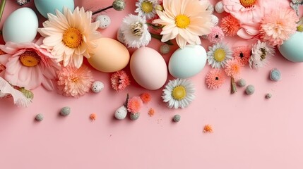 Fototapeta na wymiar Happy Easter Day concept design with colorful eggs and flowers on pastel background