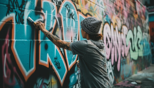 A young man sprays graffiti on a dirty city wall generated by AI