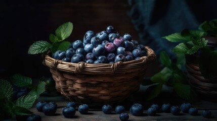 Fresh Blueberry fruits in a bamboo basket with blur background and good view