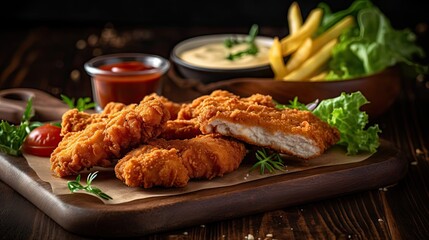 Chicken Tenders with vegetable ornament on blurred background