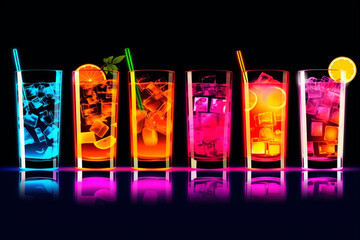 6 neon Cocktails Drinks mit Dekofrüchten und Strohhalm in Neonfarben und Neonlicht. Generative Ai. 