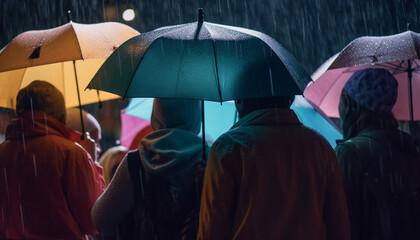 A large group of people walking with umbrellas in rain generated by AI