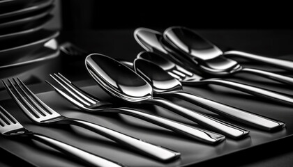 Shiny silverware in a row, utensils for elegant dining arrangements generated by AI - obrazy, fototapety, plakaty