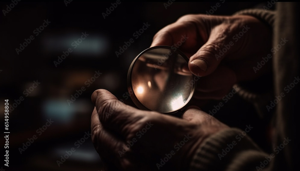 Poster senior scientist examining material with magnifying glass in close up generated by ai