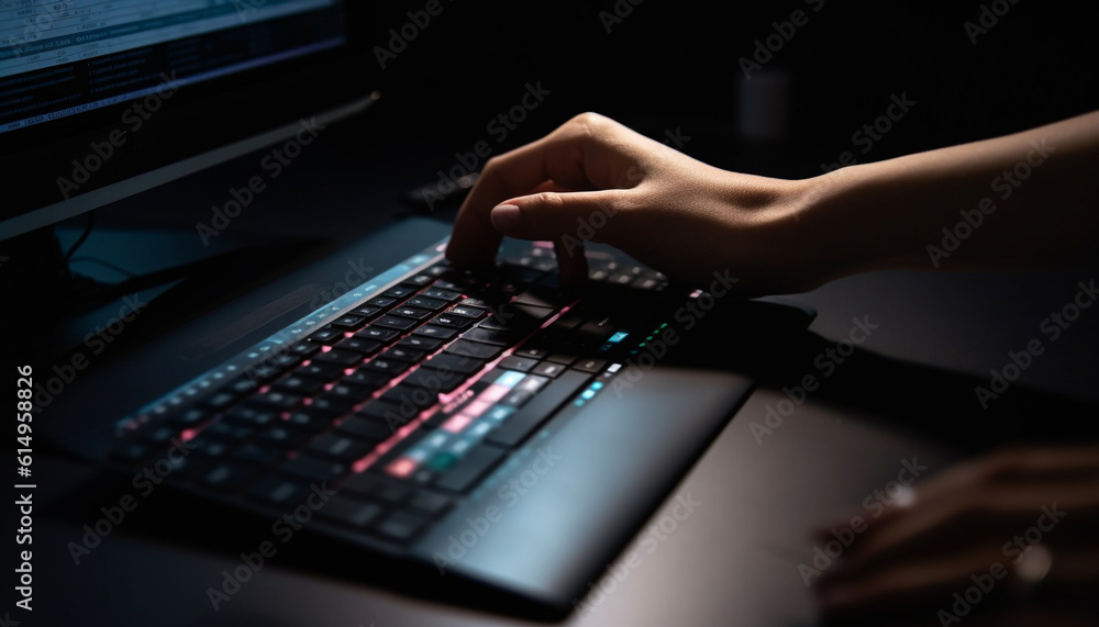 Poster professional programmer typing on illuminated laptop, mixing business and music generated by ai