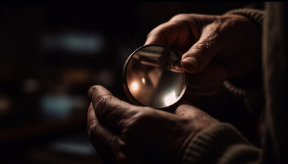 Senior scientist examining material with magnifying glass in close up generated by AI