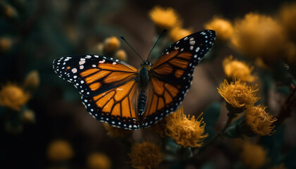 Fototapeta premium The monarch butterfly vibrant wings pollinate a single flower generated by AI
