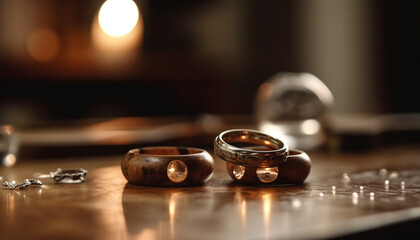 Obraz premium Romantic wedding table adorned with luxurious shiny decorations and jewelry generated by AI