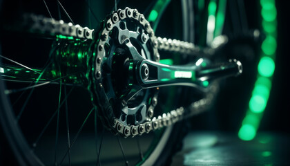 Shiny metallic bicycle gear in close up motion, speeding on wheel generated by AI