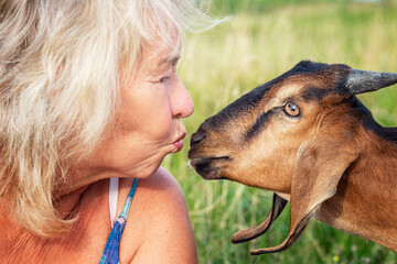 A cute elderly woman kisses a goat in a field on a summer day. Love and tenderness for animals. Close-up.