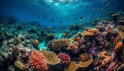 Naklejka na ściany i meble Deep below, a multi colored reef teems with aquatic life generated by AI