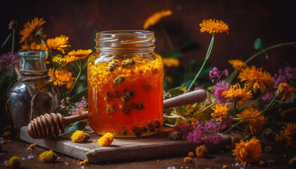 Fresh organic honey in rustic jar, a healthy sweet alternative generated by AI