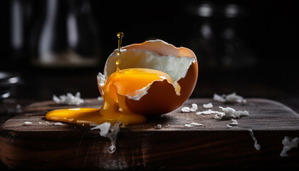 Fresh organic egg yolk on rustic homemade bread plate generated by AI - obrazy, fototapety, plakaty
